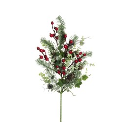 Lot de 18 - Tige plate artificielle de pin nobilis, eucalyptus, baies et lierre D. 24 cm, 52 cm - vert gris rouge 
