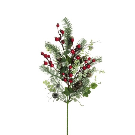 Lot de 18 - Tige plate artificielle de pin nobilis, eucalyptus, baies et lierre D. 24 cm, 52 cm - vert gris rouge 