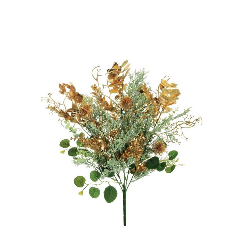 Lot de 10 - Grand buisson artificiel de thuya, acacia, myrte et echinops métallisé X5, 53 cm - vert gris or 