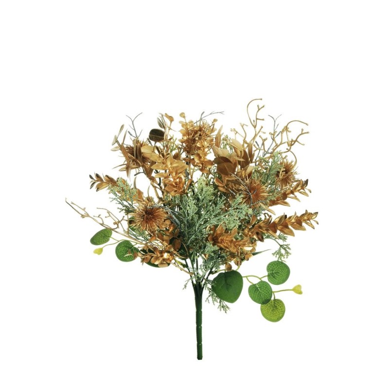 Lot de 18 - Buisson artificiel moyen de thuya, acacia, myrte et echinops métallisé X5, 42 cm - vert gris or 