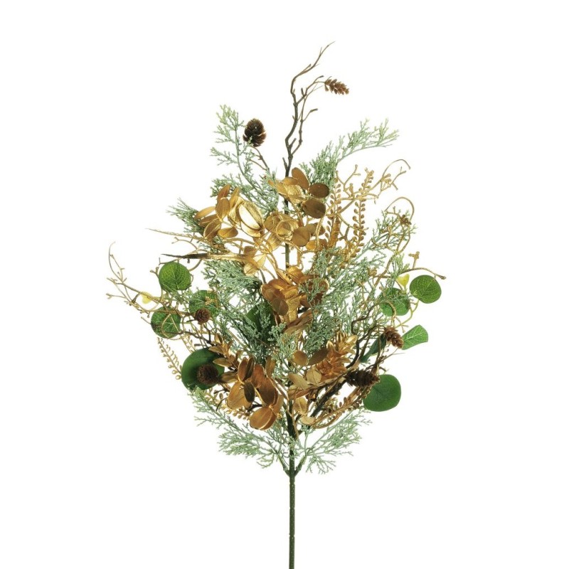 Lot de 18 - Tige plate artificielle de thuya, acacia, myrte et pommes de pin métallisée D. 35 cm, 70 cm - vert gris or 