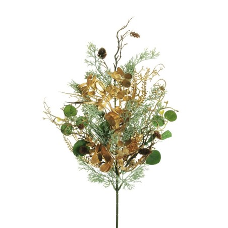 Lot de 18 - Tige plate artificielle de thuya, acacia, myrte et pommes de pin métallisée D. 35 cm, 70 cm - vert gris or 