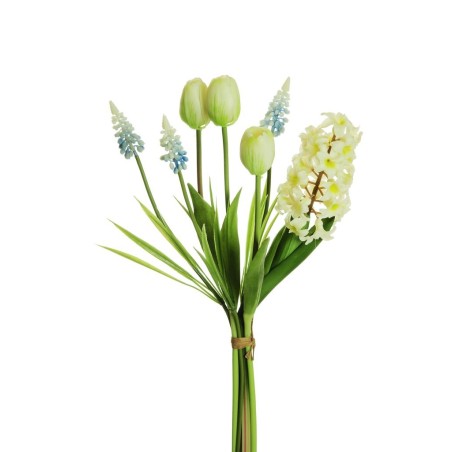 Lot de 6 - Bouquet artificiel caoutchouc de jacinthes, tulipes et muscari X7, 43 cm - blanc bleu clair 