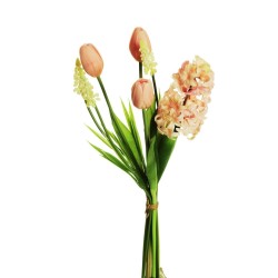 Lot de 6 - Bouquet artificiel caoutchouc de jacinthes, tulipes et muscari X7, 43 cm - rose blanc 