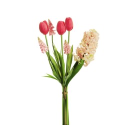 Lot de 6 - Bouquet artificiel caoutchouc de jacinthes, tulipes et muscari X7, 43 cm - rose fuchsia 