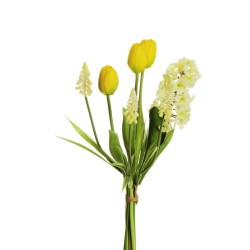 Lot de 6 - Bouquet artificiel caoutchouc de jacinthes, tulipes et muscari X7, 43 cm - blanc jaune 