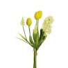 Lot de 6 - Bouquet artificiel caoutchouc de jacinthes, tulipes et muscari X7, 43 cm - blanc jaune 