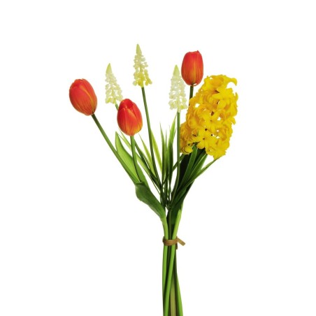 Lot de 6 - Bouquet artificiel caoutchouc de jacinthes, tulipes et muscari X7, 43 cm - jaune orange blanc 