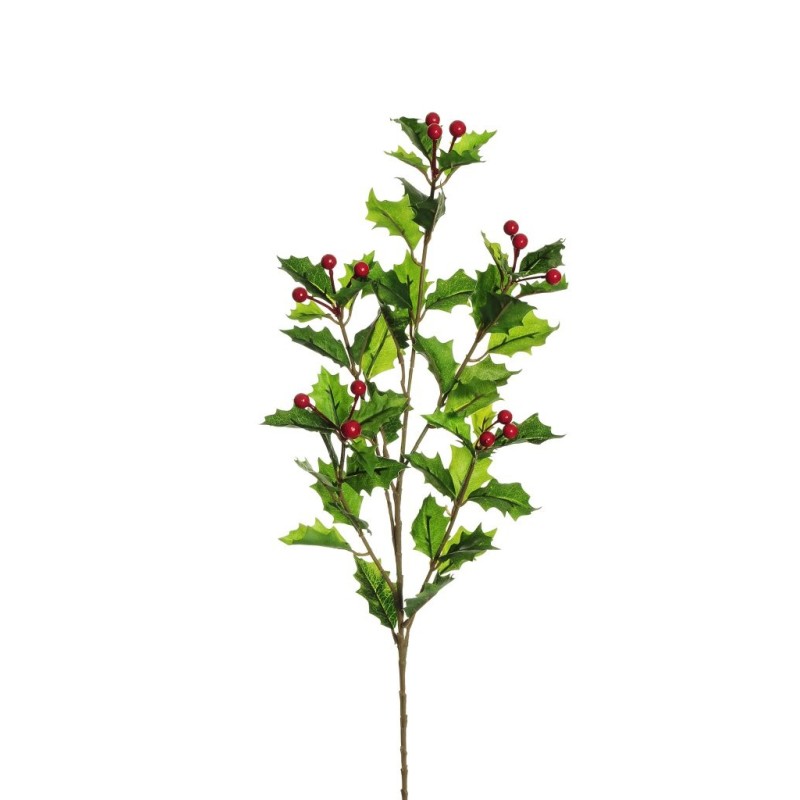 Lot de 24 - Tige artificielle de houx toucher réel X5 avec baies, 85 cm - vert 