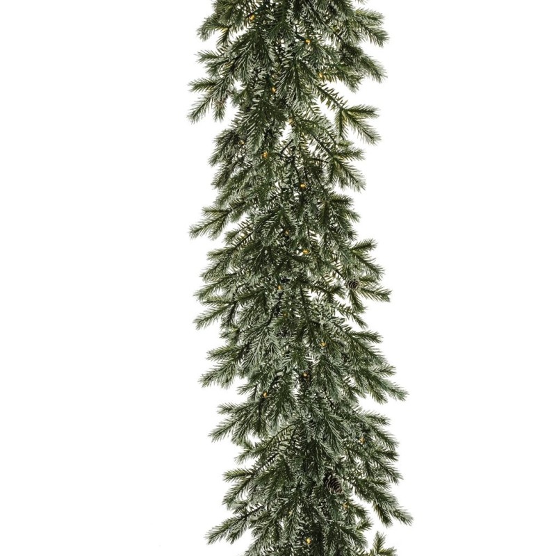 Lot de 6 - Guirlande artificielle de pin enneigé lumineuse 250 LED avec pommes de pin, 270 cm - vert blanc 