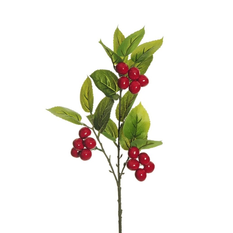 Lot de 24 - Tige artificielle de cerises toucher réel, 70 cm - vert rouge 