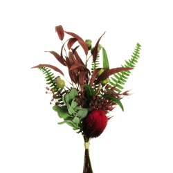 Lot de 8 - Bouquet artificiel de banksia et baies X10, 58 cm - rouge bordeaux 
