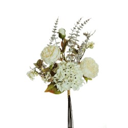 Lot de 8 - Bouquet artificiel de pivoines et hortensias X5, 60 cm - blanc crème 