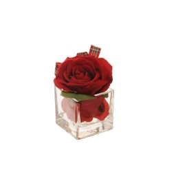 Lot de 6 Rose en velours avec feuilles, ruban et pétales sur pot en verre artificielle 7 x 7x6,8 cm, h 11 cm rouge 